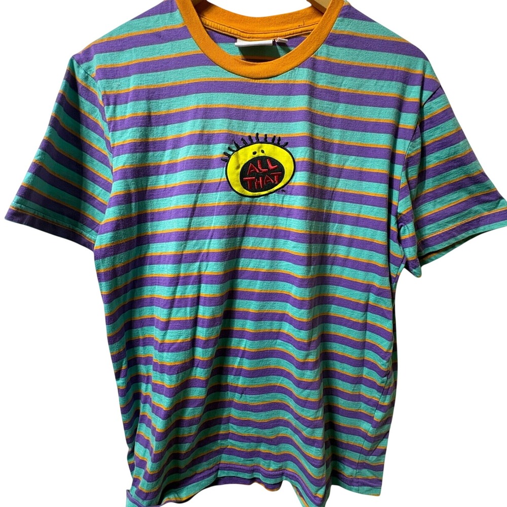 Nickelodeon All That T-Shirt Mens Large Striped Purple Teal Orange Cotton Tee
